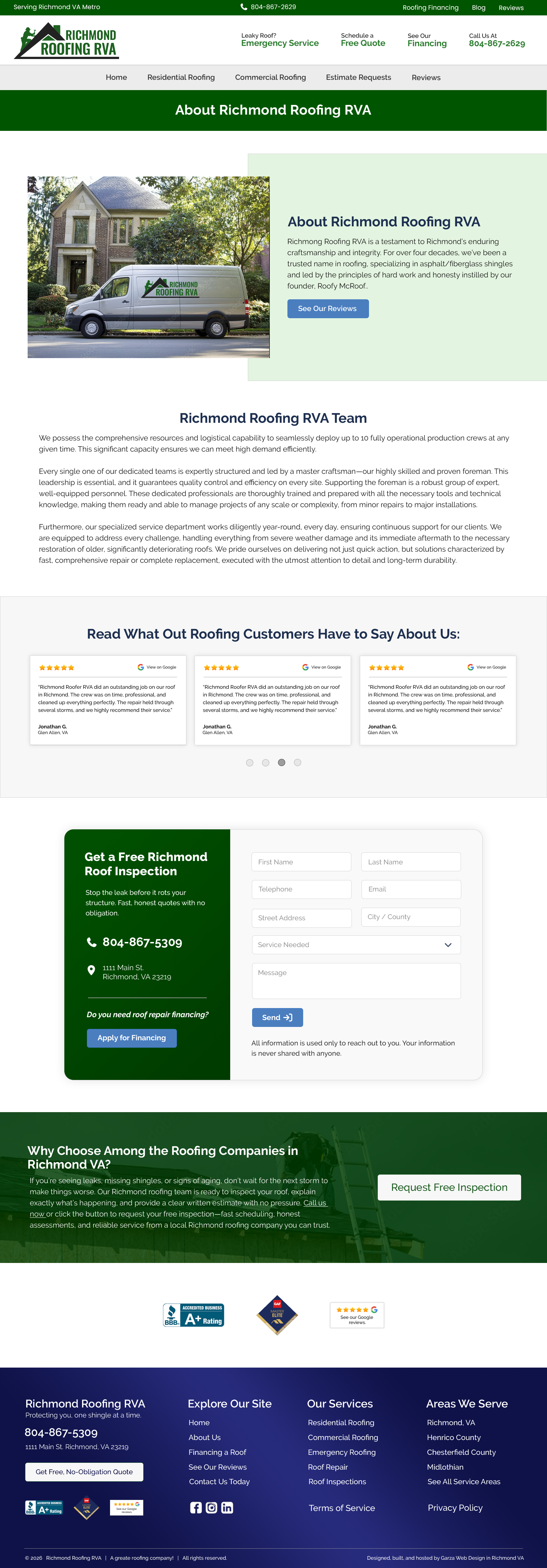 Full desktop design mockup for a roofing company About Us, featuring a green and dark blue theme, hero image, service list icons, and customer testimonials. Created by Garza Web Design.