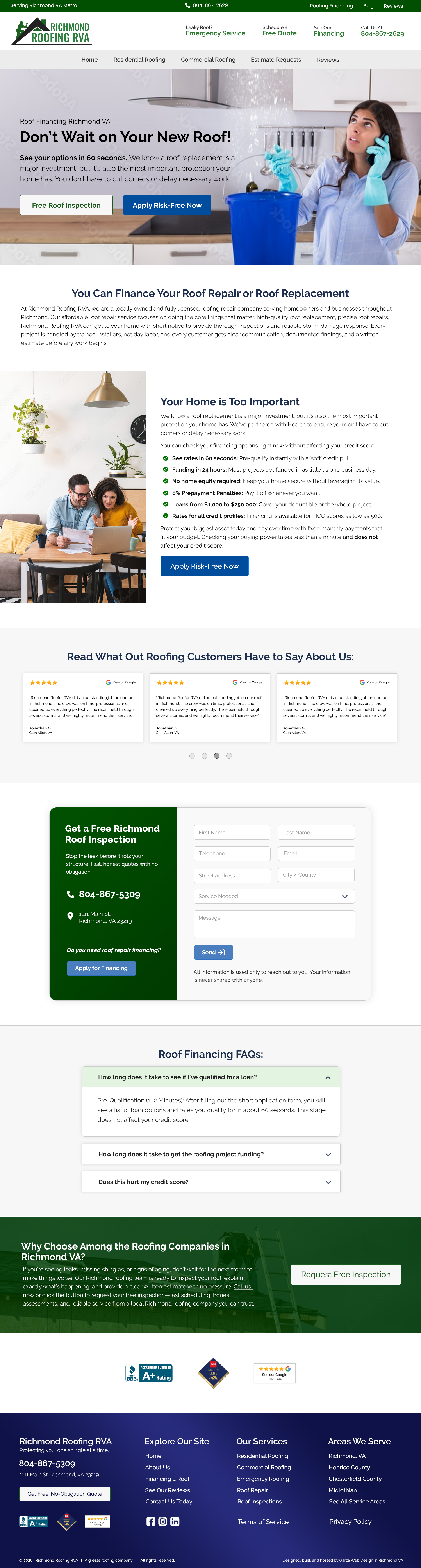 Full desktop design mockup for a roofing company Roof Project Financing, featuring a green and dark blue theme, hero image, service list icons, and customer testimonials. Created by Garza Web Design.