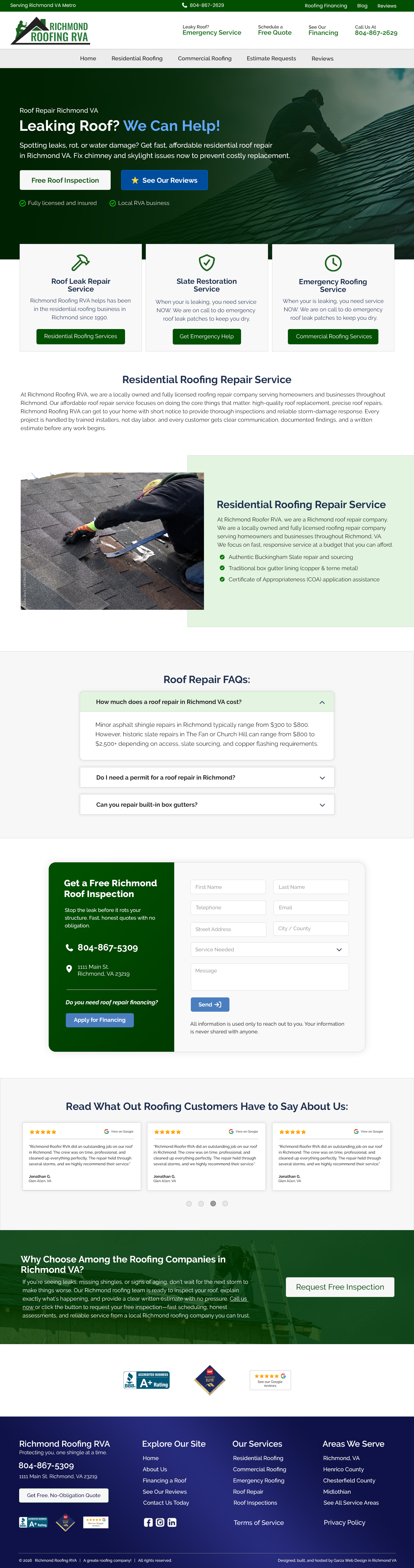 Full desktop design mockup for a roofing company Residential Roofing Repair, featuring a green and dark blue theme, hero image, service list icons, and customer testimonials. Created by Garza Web Design.