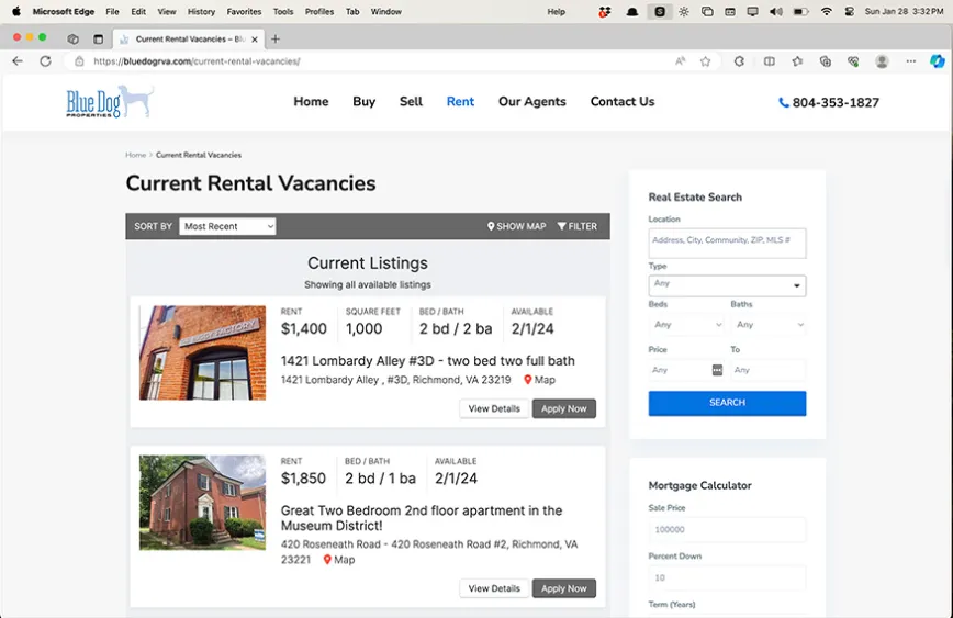 Rental webpage desktop