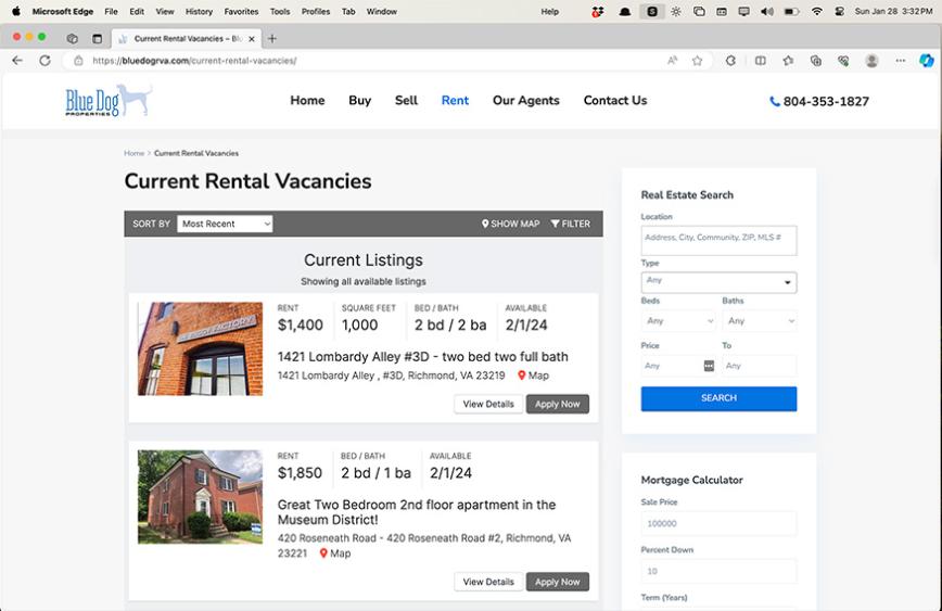 Rental webpage desktop